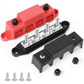 Bus Bar 12v Power Distribution Block 250A Bus Bar with 4 x 3/8" Studs Marine Battery Busbars Terminal Ground Distribution Block with Cover for Automotive, Boat, Car, Solar Wiring (Pair, Red & Black)