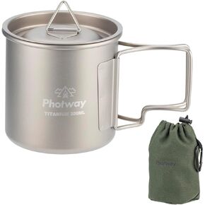 Camping Titanium Mugs Cups 300ml Camp Coffee Mug with Lid and Foldable Handle - Ultralight Backpacking Camp Cup for Hiking Backpacking Camping Open Fire