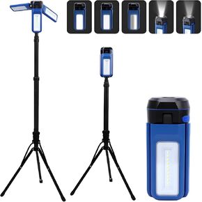 Rechargeable Solar Camping Light with Stand, Portable Cordless Work Light with 3 LED Lamp Heads, 5 Dimmable Lighting Modes, 82" Telescoping Tripod
