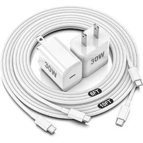 iPhone 16 15 Charger Charge Fast Charging ، 30W USBC Charger Block مع 6 و 10 قدمًا من كبلات USB C المتوافقة مع iPhone 16/16 PRO MAX/16E/15/15 PRO MAX/iPad Pro