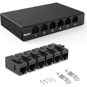 Patch Panel 6 Port 0.5U with 6pcs CAT6A Coupler Keystone STP Cat6 Network Patch Panel 10G No Punch Down Time-Saver Ethernet Rj45 Patch Panel (with Cat6a Kestone Jack Shielded)