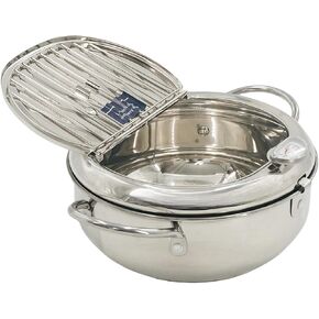 Deep Fryer Pot,Japanese Style Tempura Fryer Pot with Lid, Stainless Steel Steamer Pot with Lid and Rack, 9 Inches