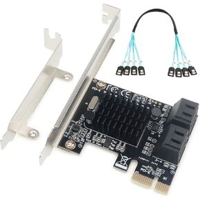 Marvell 88SE9215 PCIe SATA Card for 4K Video Editing, 4-Port 6Gbps Hot-Swap, Heatsink, Windows/Linux/macOS/NAS (LP Bracket+Cable)