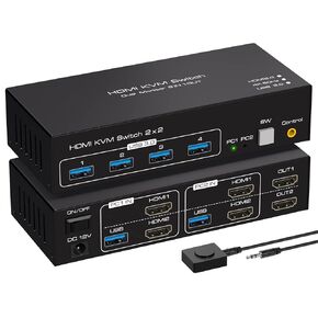 مراقب مزدوج KVM Switch HDMI اثنين من المنفذ 4K 60Hz KVM Switcher لأجهزة الكمبيوتر 2 شاشات مع 4 منافذ USB 3.0 نسخة دعم وشاشة موسعة وسطح المكتب بما في ذلك كابل USB 3.0