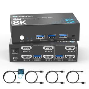 8K HDMI KVM Switch 2 Monitors 2 Computers, 8K@60Hz Dual KVM Switch for 2 Computers Sharing 2 Monitors, Keyboard, Mouse, Hard Drives, Printer, with EDID Adaptive, 2*USB Cables, and Controller.