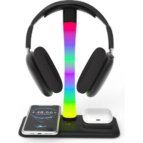 Headphone Stand with Wireless Charger,Gaming Headset Stand with RGB Light Mode,Airpod Max Stand Compatible with Airpod Pro/3/2,iPhone 16/15/14/13/12/11,Samsung,Gifts for Gamers & Music Lover