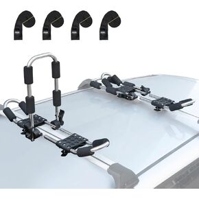 Leader Accessories Folding Kayak Roof Rack - 4 PCS/Set Heavy Duty Stainless Steel J Bars for Canoe, Surf Board, SUP - Mounts on Roof Crossbar with 4 Tie Down Straps, Fits Cars, SUVs, Trucks