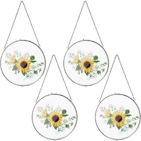 Qunclay 4 Pcs Double Glass Frame for Pressed Flowers Round Glass Frame Hanging Herbarium Frame Floating Flower Press Frame Clear DIY Vintage Artwork Display Frame, Frame Only(Black, 8 Inch)