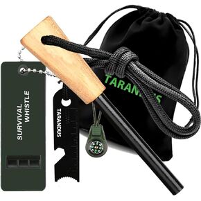 Ferro Rod Fire Starter Survival Tool – 3/8" Thick Fire Steel with 20,000 Strikes – Waterproof Flint and Steel Kit, Ferro Rod with Striker Wood Handle, Lanyard, Compass, and Emergency Whistle