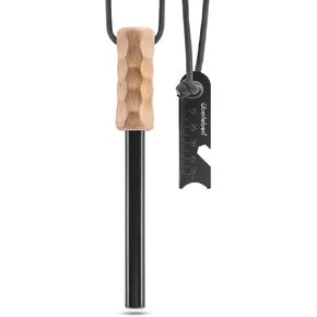 Überleben Kräftig Pro Ferro Rod Fire Starter for Survival w/Multi-Tool Fire Striker - 1/2" Thick Fire Steel, 20,000 Strikes - Waterproof Flint and Steel Camping Fire Starter w/Wood Handle, Lanyard