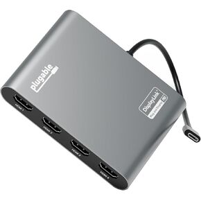 Plugable USB C to Quad HDMI 4K Adapter with 100W PD Pass-Though Power Delivery for Windows, Mac M1/M2/M3/M4, Thunderbolt, and USB-C Laptops | TAA, DisplayLink Pro, Driver Required (USBC-7400H4)
