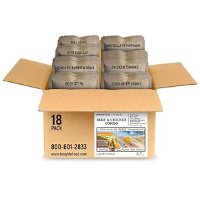 MRE Entrees (18-Pack) – Beef and Chicken Combo - (Beef Strips, Stew, Chili w/Beans, Meatballs with Marinara, Beef Goulash, Chicken Chunks, Chicken Burrito Bowl) Sourced from USA Govt Contractor