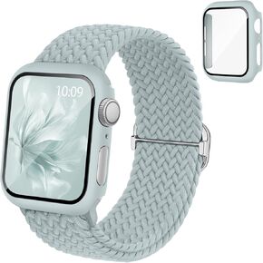 Braided Stretchy Band Compatible for Apple Watch Band and Case 40mm 41mm 42mm 44mm 45mm 46mm, Nylon Elastic Solo Loop and Protective Cover with Screen Protector for iWatch Series 10 9 8 7 SE 6 5 4 3