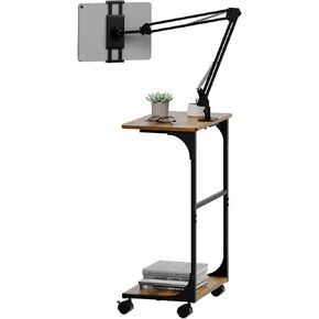 Floor Kindle Tablet iPad Stand with 2-Tier Storage Shelves,Angle Height Adjustable iPad Tablet Kindle Holder for Bed with 360-Degree Rotating Wheels, Compatible with 4.7"-13" Kindle Cell Phone iPhone