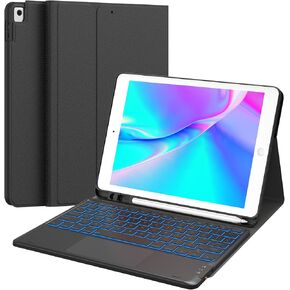CHESONA for iPad 9th Generation Case with Keyboard, 7 Color Backlit, Multi-Touch Trackpad, Built-in Pencil Holder, 2 Wireless Channels, Flip Stand Keyboard Case for iPad 9th/8th/7th Gen 10.2" Black