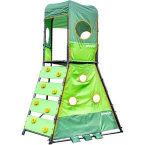 8.5 Foot Tall Outdoor Large Climbing Tower with 3 Climbing Levels, Vertical Cornhole Wall, 53 Inch Shaded Deck, and 3 Kid Capacity