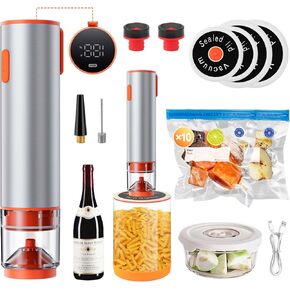Compact Handheld Vacuum Sealer for Food with Powerful Suction, 4 Reusable Mason Jar Silicone Lids, Aluminum Body, One-Touch Operation, Kitchen Essentials for Meat, Wine Bottle, Clothes, Sports Balls