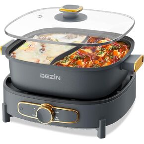 Dezin Hot Pot Electric مع مقسم ، وعاء شابو شابو كهربائي 5.5 لتر ، ومطبخ كهربائي غير قابل للإزالة غير قابل للإزالة ، وعاء مقسم 3 بوصات مع تحكم متعدد الطاقة ، واثنين من محافظة السيليكون