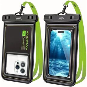 【2025 Upgraded】2 Pack Black - IP68 Waterproof Phone Pouch Floating Design No Sink Waterproof Phone Case - Beach Pool Travel Essentials - Works w/ All Phones - Detachable Lanyard - Black/Hi-Vis Green