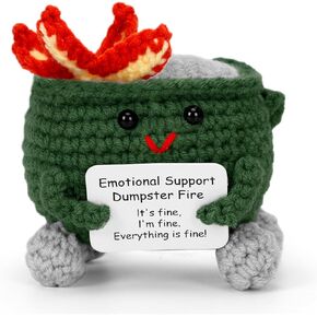Emotional Support Dumpster Fire Crochet Doll, a Cute Funny Handmade Desk Accessories Office Decor Birthday Gifts for Women Men Friend with Positive Card(Green)