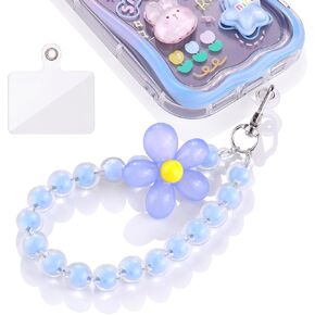 3 PCS Cute Detachable Phone Charms Aesthetic Y2K Cellphone Wrist Strap Pink & Blue Bedazzling Flower Accessories Colorful Beaded Anti-Theft Chain String for Bag Keychain Airpods Camera Decor