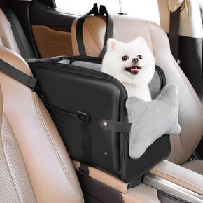 PetsHome Console Dog Car Seat for Small Dogs, Premium PU Leather Dog Booster Seat Portable Pet Car Seat with Double Fixation Seat Belts, Storage Pockets, Soft Pillow, Safety Leash-Black
