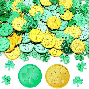 AUGSUN St. Patrick's Day Decorations Shamrock Coins, 60 Pieces Gold Green Good Lucky Coins Plastic Irish 3-Leaf Clover Leprechaun Coin for St Patricks Day Decorations Party Supplies Favors