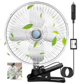10-Inch Silver Cigarette Lighter Fan, Two-Speed Adjustment, 360-Degree Rotation Truck Fan, Clip-On Design 12 Volt, Perfect for Cars, Trucks, RVs and More(Cord Length 6.56FT)