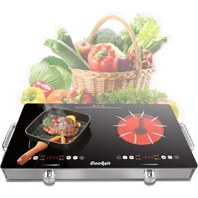 2 Burner Electric Cooktop - 24 Inch Portable Electric Stovetop 110V, 2000W Countertop Tow Burner Ceramic Cooktop with LCD Control Panel, Child Lock, Timer, Knob Control with Plug (Green)