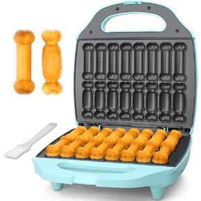 Baker's Friend, Bite-size Mini Waffle Maker for Kids & Adults, Small Waffle Maker Mini Belgian Waffle Machine, 11 X 2.2" Tiny Nonstick Waffles Iron, Recipe Included, Aqua