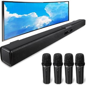مكبر صوت عبر التلفزيون مع Bluetooth/AUX/USB/TF/Coaxial ، شريط صوت للتلفزيون الذكي مع 4 ميكروفونات لاسلكية ، نظام الصوت المحيطي للتلفزيون (الأسود الكامل ، 4MIC)