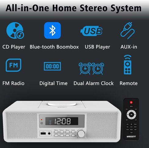 Compact Home Stereo System CD Player,Clear 20W RMS Sound System with FM Radio,Bluetooth,USB,MP3,AUX,Digital Dual Alarm Clock,CD-R/CD-RW/MP3/WMA Playback(Black) in Kuwait