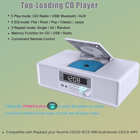 Compact Home Stereo System CD Player,Clear 20W RMS Sound System with FM Radio,Bluetooth,USB,MP3,AUX,Digital Dual Alarm Clock,CD-R/CD-RW/MP3/WMA Playback(Black) in Kuwait