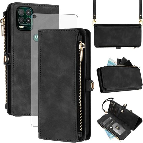 Asuwish Phone Case for Moto G Stylus 5G 2021 Zipper Wallet Cell Cover with Tempered Glass Screen Protector Crossbody Wrist Strap Flip Credit Card Holder Slot Motorola GStylus G5 XT2131DL Women Red in Saudi Arabia
