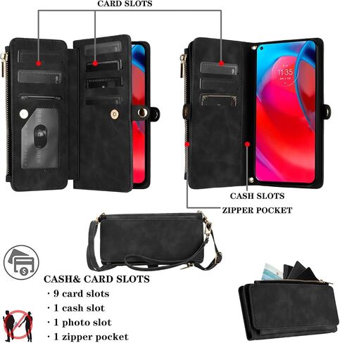Asuwish Phone Case for Moto G Stylus 5G 2021 Zipper Wallet Cell Cover with Tempered Glass Screen Protector Crossbody Wrist Strap Flip Credit Card Holder Slot Motorola GStylus G5 XT2131DL Women Red in Saudi Arabia