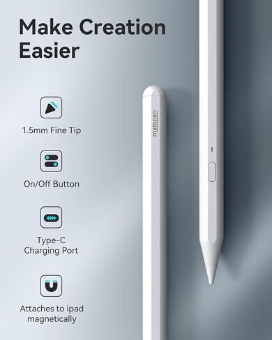 Metapen Pencil A11 for iPad 6th-11th, Quick Button & Bluetooth, 2X Fast Charge Stylus Pen for 2018-2025 Apple iPad a16/11/10/9/8/7/6th Gen, Pro 12.9/11/13-inch M4, Air3/4/5/M2/M3, Mini 5/6th in Kuwait