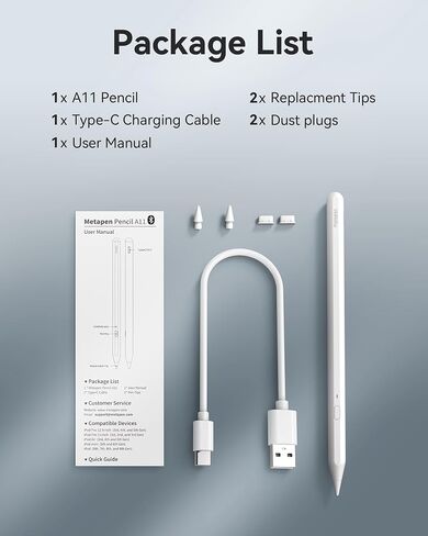Metapen Pencil A11 for iPad 6th-11th, Quick Button & Bluetooth, 2X Fast Charge Stylus Pen for 2018-2025 Apple iPad a16/11/10/9/8/7/6th Gen, Pro 12.9/11/13-inch M4, Air3/4/5/M2/M3, Mini 5/6th in Kuwait