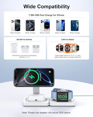 2025 محطة الشحن اللاسلكية المغناطيسية - Adadpu 3 في 1 شاحن آمن من MAG قابلة للطي لأجهزة Apple متعددة ، وسادة شحن السفر لـ iPhone 16 15 14 13 12 Pro Max بالإضافة إلى Apple Watch Airpods in Kuwait