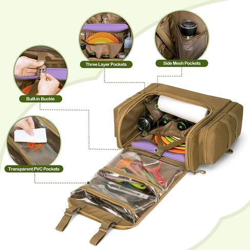 Large Tactical Camping Kitchen Organizer, Hanging Cookware Storage Bag with Paper Towel Holder & Multi Pockets, Portable Camp Utensil Organizer for BBQ Cooking Essentials, Khaki, Bag Only in Kuwait