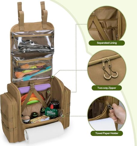 Large Tactical Camping Kitchen Organizer, Hanging Cookware Storage Bag with Paper Towel Holder & Multi Pockets, Portable Camp Utensil Organizer for BBQ Cooking Essentials, Khaki, Bag Only in Kuwait