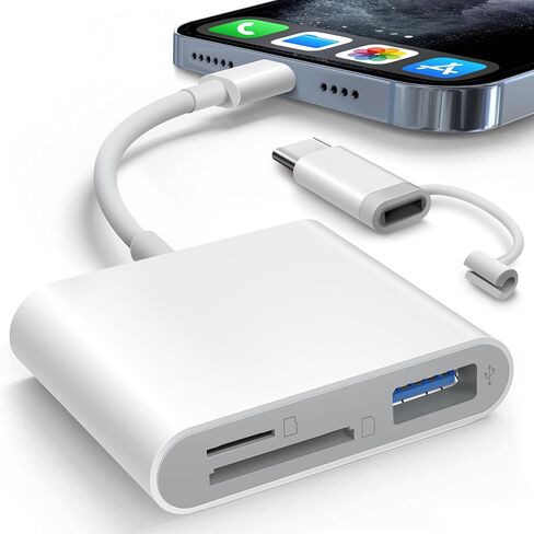 قارئ بطاقة SD لـ iPhone ipad Trail Camera Viewer مدمج في قارئ بطاقة موصل مزدوجة و USB-C مع فتحات SD MicroSD USB-A 3 ، لا يوجد تطبيق مطلوب مطلوب للتوصيل والتشغيل-أبيض in Kuwait