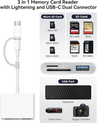 قارئ بطاقة SD لـ iPhone ipad Trail Camera Viewer مدمج في قارئ بطاقة موصل مزدوجة و USB-C مع فتحات SD MicroSD USB-A 3 ، لا يوجد تطبيق مطلوب مطلوب للتوصيل والتشغيل-أبيض in Kuwait