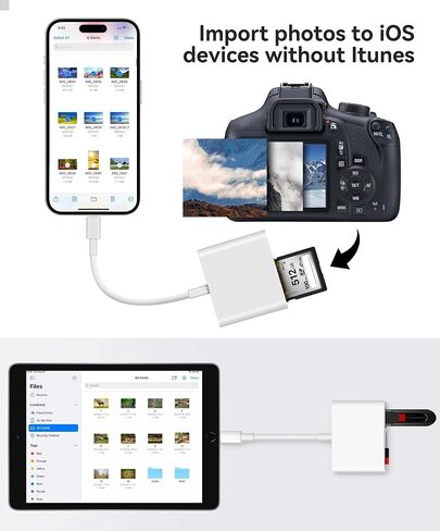 قارئ بطاقة SD لـ iPhone ipad Trail Camera Viewer مدمج في قارئ بطاقة موصل مزدوجة و USB-C مع فتحات SD MicroSD USB-A 3 ، لا يوجد تطبيق مطلوب مطلوب للتوصيل والتشغيل-أبيض in Kuwait