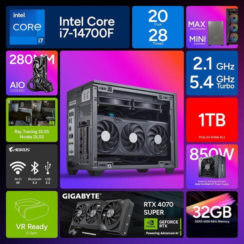 Cooler Master NR2 Pro Mini ITX – Intel i7-14700F 2.1GHz (5.4GHz Turbo) | Gigabyte RTX 4070 Super 12GB & B760I AORUS PRO | 32GB DDR5 6000MHz | 1TB Gen4 M.2 | WiFi | Windows 11-280mm AIO Gaming PC in Saudi Arabia