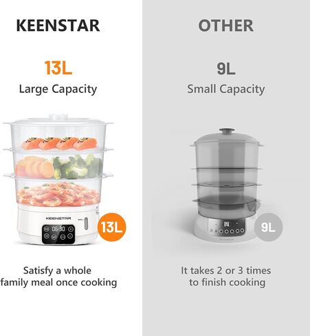 13.7QT Electric Food Steamer for Cooking, Vegetable Steamer with 3 Tiers BPA-Free Baskets, Digital Steamer with Appointment, 800W Fast Cooking, Ideal for Veggies Seafood Rice Black in Saudi Arabia
