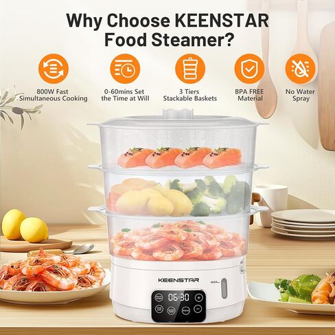 13.7QT Electric Food Steamer for Cooking, Vegetable Steamer with 3 Tiers BPA-Free Baskets, Digital Steamer with Appointment, 800W Fast Cooking, Ideal for Veggies Seafood Rice Black in Saudi Arabia