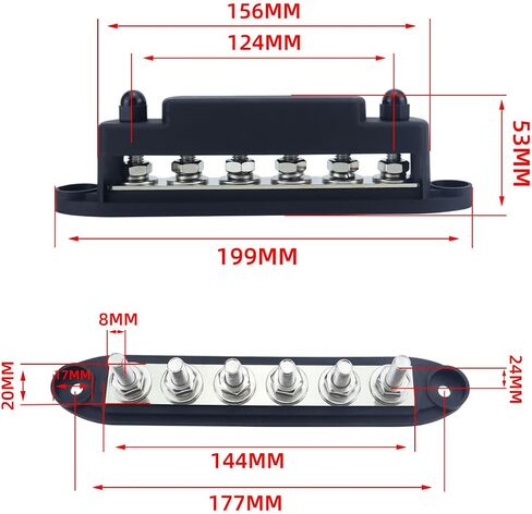 كتلة توزيع طاقة الحافلة 12V 250A ، 6 × 5/16 "(M8) ، كتلة بطارية بحرية 12 فولت مع غطاء - اتصالات سلبية وإيجابية （الأحمر in Saudi Arabia