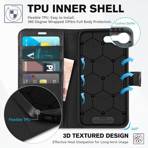 TUCCH Wallet Case for iPhone 16e, [RFID Blocking] 4 Card Holder Kickstand [Shockproof TPU Inner Case] PU Leather Magnetic Closure Protective Cover Compatible with iPhone 16e 6.1" 2025, Black in Kuwait