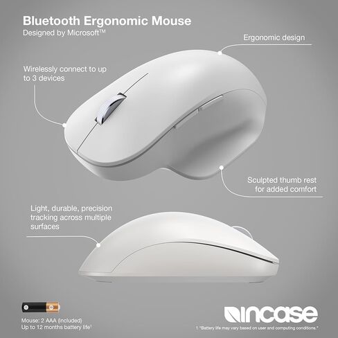 Incase Bluetooth Ergonomic Mouse – Designed by Microsoft – Two Thumb Buttons, Easy to Grip Thumb Rest, Precision Tracking, Connects 3 Devices, 15 Month Battery Life, Mac/Windows PCs/Laptops (Black) in Kuwait