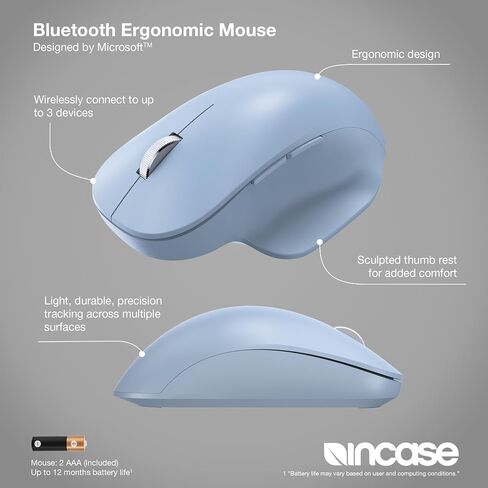 Incase Bluetooth Ergonomic Mouse – Designed by Microsoft – Two Thumb Buttons, Easy to Grip Thumb Rest, Precision Tracking, Connects 3 Devices, 15 Month Battery Life, Mac/Windows PCs/Laptops (Black) in Kuwait